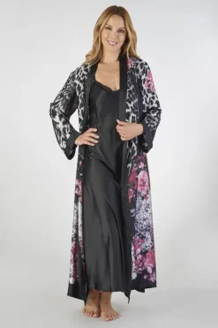 Animal Floral Print Satin 48" Nightdress And 52" Wrap Set GL2786