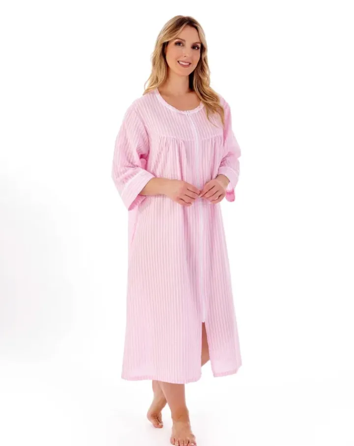 Classic Stripe Seersucker 45" Zip Front Woven Housecoat HC01229