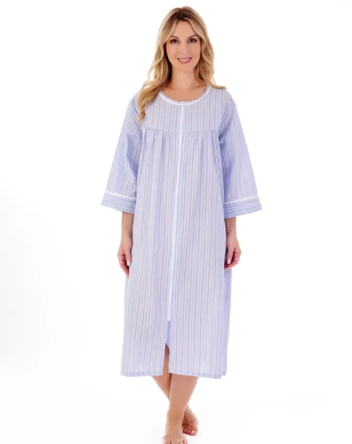 Classic Stripe Seersucker 45" Zip Front Woven Housecoat HC01229