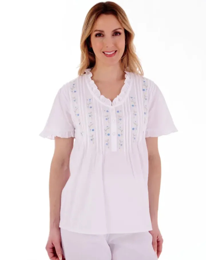 Embroidered Pintuck and Ruffle Woven Pyjama PJ55252