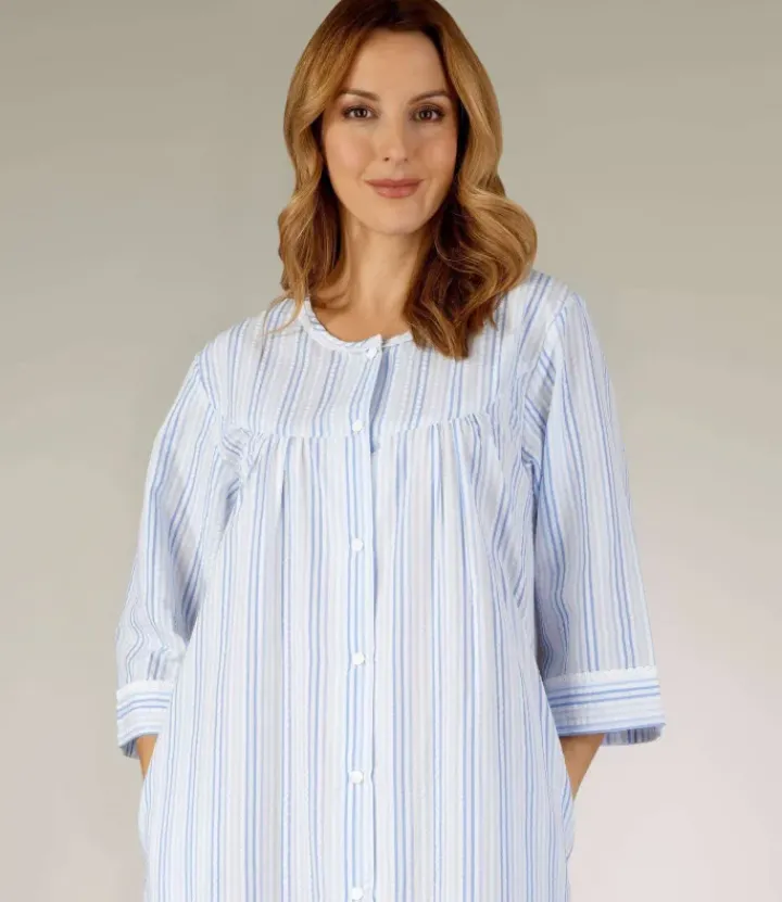 Pastel Stripe Seersucker 45" Woven Popper Front Housecoat HC3225