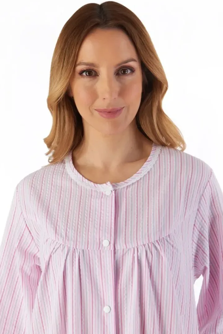 Pinstripe Seersucker 45" Popper Front Woven Housecoat HC55227
