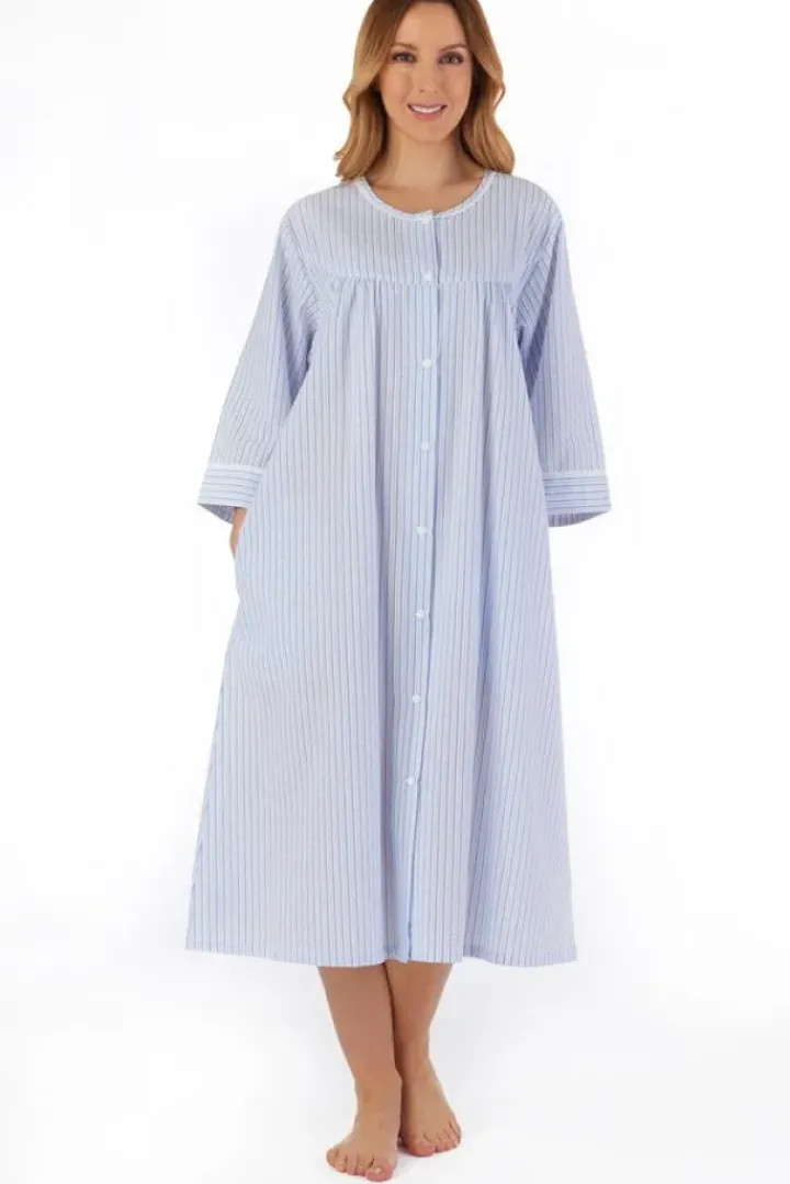 Pinstripe Seersucker 45" Popper Front Woven Housecoat HC55227