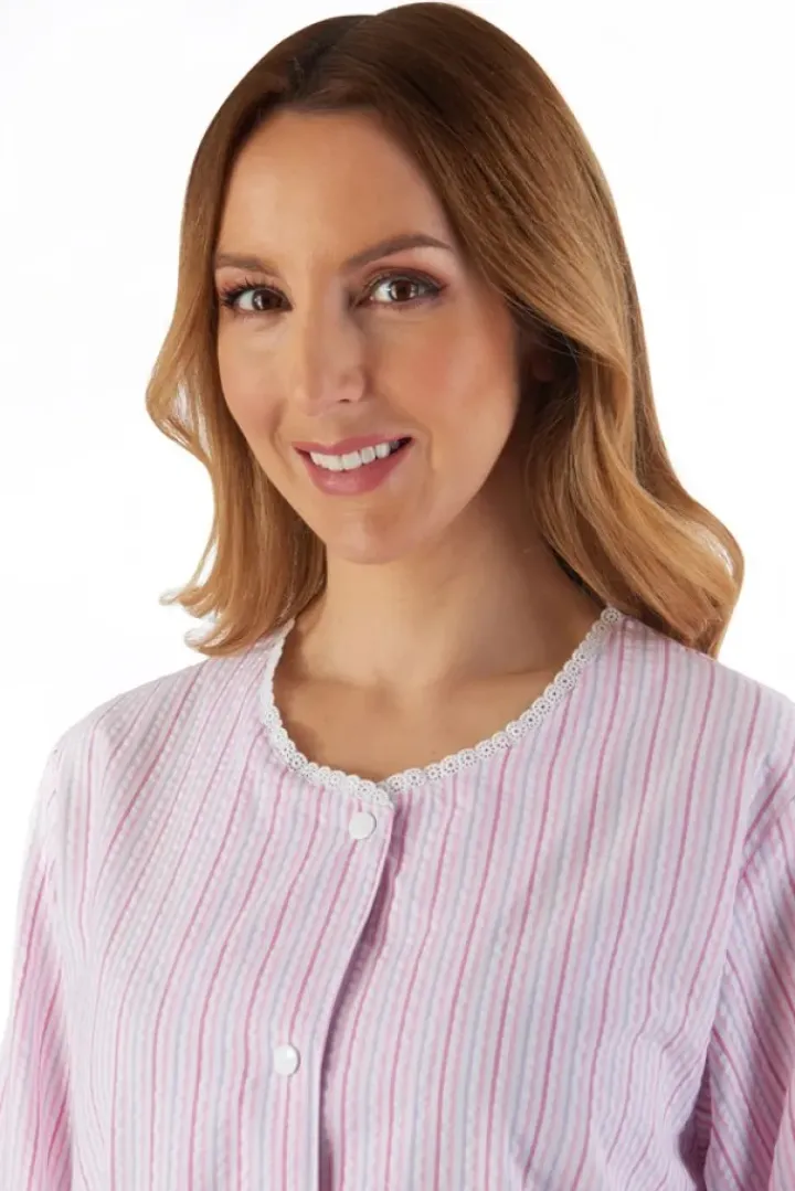 Pinstripe Seersucker 45" Popper Front Coat HC55226
