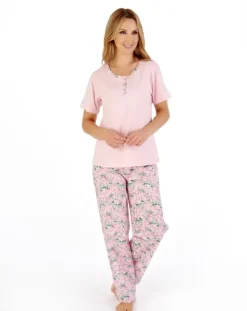 Tropical Flower Print Jersey Top with Woven Trouser Pyjama PJ05222