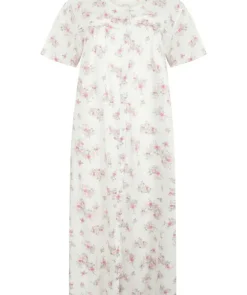 White Ground Floral Print 45" Button Through Nightdress ND3108
